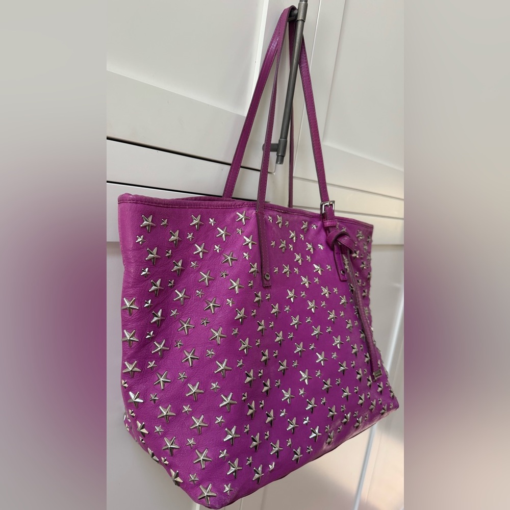 JIMMY CHOO Star Studded Pink Magenta Fushia Leather Tote Large Shoulder Bag - Picture 3 of 12